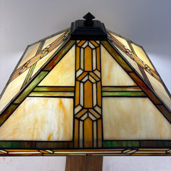 Square Mission Style Table Lamp Oak Base and Stained Glass Shade, Sku 033839