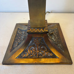 Art Deco Stained Glass and Brass Table Lamp, Square Shade, Gold Tassel Fringe, Sku 033456