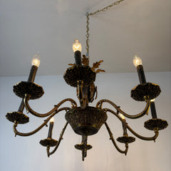 Antique 8 Arm Chandelier Dark Brass and Black, Bow Motif, Sku 033530