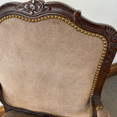 Sanded Leather Chair with Cheetah Spot Upholstery Cabriole Leg Style, Damage on Seat, Sku 033355. Another Undamaged Chair Available, Sku 033354