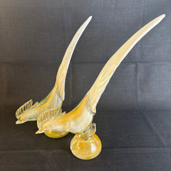 Pair of Art Glass Birds, Possibly Murano, Clear, White and Gold Speckles, 033871