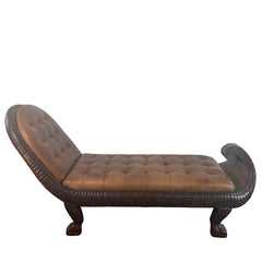 Gondola Style Chaise Tufted Leather Upholstery Case Constructed in Wood and Cane with Coconut Shell Veneer and Claw Feet, Sku 033076
