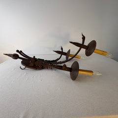 Pair of Three-Arm Wall Sconces Acanthus Leaf Detail, Rust Like Patina, Sku: 033332