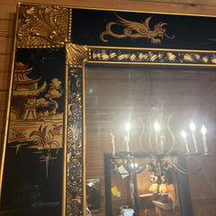 Chinoiserie Rectangular Mirror, Reverse Painted Glass Featuring Figures, Pagodas and Dragons in Gold and Black Color Scheme, Sku 033531
