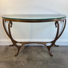 Thomasville Glass and Steel Demilune Console Table. Base Color is Umber and the Shape Features Swoops and Convex Curves, Sku 034040