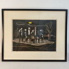 Original Woodcut of Mourners, Unsigned, Sku 033793