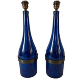 Pair of Wine Bottle Sconces Cobalt & Antique Brass Fittings, Sku 033604