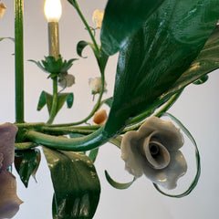 Italian Metal Toleware 5 Arm Chandelier Painted a Lush Green with Pastel Flowers, Sku 033325