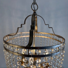 Ethan Allen Basket Chandelier in Silvertone Structure w/ Linked Crystal Coins, Sku 034013
