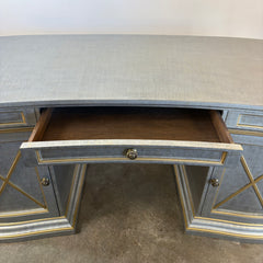 Double Pedestal Desk 3 Top Drawers with 2 Lower Cabinets Soft Silver Finish with Pale Gold Trim, Sku 033625
