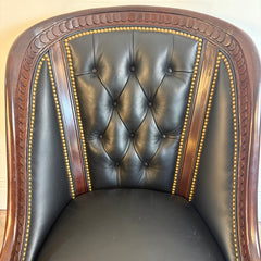 Hancock and Moore Black Leather Armchair Tufted Back Elaborate Wood Frame with Interlocked Coin Design, Sku 034126