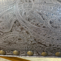 Paisley Embossed Faux Leather Bench with X Shaped Stretcher Below, Sku 033352