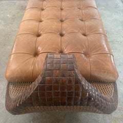 Gondola Style Chaise Tufted Leather Upholstery Case Constructed in Wood and Cane with Coconut Shell Veneer and Claw Feet, Sku 033076