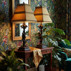 Pair of Bronze Table Lamps, Palm Trees, Monkeys, Silk Pleated Shades, Sku: 033089