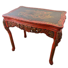 Vintage Japanese Carved Wood and Lacquer Finish Table or Desk, Hand Painted Dragon Motif, Meiji Period, Sku 033519