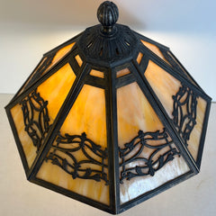 Vintage Slag Glass and Detailed Metal Table Lamp w/ 2 Sockets & Pull Chains, Sku 033820