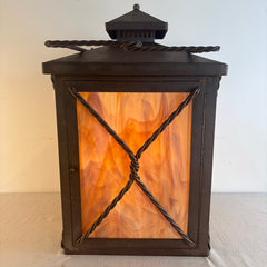 Custom Crafted Exterior Wall Sconce Lantern Style Steel and Mocha Swirl Stained Glass, Sku 034159