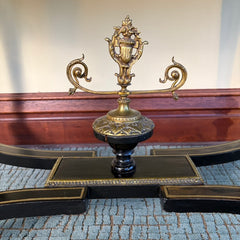 Black & Gold Italian Desk, Leather Top, Pencil Drawer, Elaborate Detailing, Base Stretcher, Finial Detail, Sku 034059