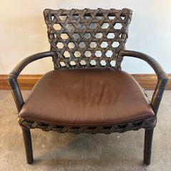 Palecek Arm Chairs Rattan and Woven Natural Material Loose Cushions in Supple Brown Leather, Sku 033804