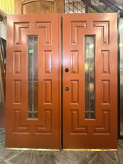 Set of Vintage Double Entry Doors with Leaded Glass & Brass Filagree Knob Plates, Sku 032990