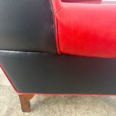 TLSC TEXAS Custom Upholstered Wing Chair and Ottoman Contrasting Red and Black Leather, Sku 033313