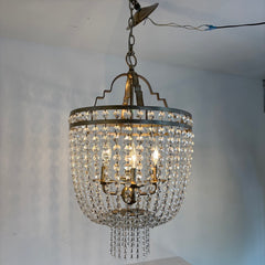 Ethan Allen Basket Chandelier in Silvertone Structure w/ Linked Crystal Coins, Sku 034013