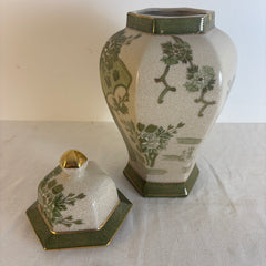 Japanese Kutani Ginger Jar Green and Cream Crackle Glaze with Hand Painted Peacock and Floral Motif, PLEASE NOTE CHIP AND INTERIOR REPAIR, Sku: 033917