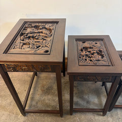 Early 1900's Japanese Hand Carved Set of Four Nesting Tables w/ Glass Inserts Available, Sku 033774