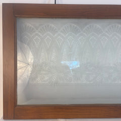 Antique Etched Glass Window Framed in New Wood w/ Hand Forged Mounting Hooks, Sku 033976