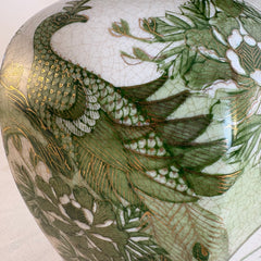 Japanese Kutani Ginger Jar Green and Cream Crackle Glaze with Hand Painted Peacock and Floral Motif, PLEASE NOTE CHIP AND INTERIOR REPAIR, Sku: 033917