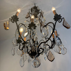 Antique French Six Arm Bronze & Crystal Chandelier w/ Clear & Mocha Colored Crystals, Sku 033733