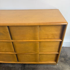 Vintage Heywood Wakefield Sculptura 9 Drawer Dresser Solid Birch in Wheat Finish, Sku 033897