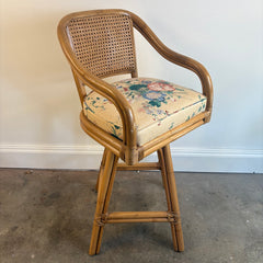 Pair of Ficks Reed Rattan Swivel Barstools Double Caned Back & Upholstered Seat, Sku 033926