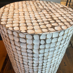 Drum Style End Table with White and Beige Geometric Carved Pattern Construction, Sku 033834