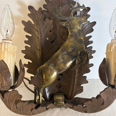 Pair Dana Creek Designs Double Arm Wall Sconce, Rusty Patina, Brass, Deer, Oak Leaf Motif, SKU: 033965