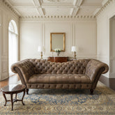 Sway Back Leather Tufted Sofa, Cocoa Brown Color, Turned Legs, Nail Head Detail, Sku: 033526