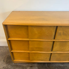 Vintage Heywood Wakefield Sculptura 9 Drawer Dresser Solid Birch in Wheat Finish, Sku 033897