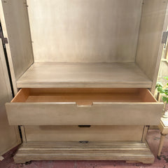 Wood and Smoked MIrror Armoire Rustic Taupe Finish with Octagonal Motif Interior Contains 3 Drawers and Open Shelving, Sku 034089