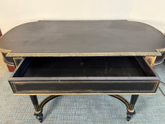 Black & Gold Italian Desk, Leather Top, Pencil Drawer, Elaborate Detailing, Base Stretcher, Finial Detail, Sku 034059