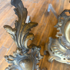 Pair of Vintage Andirons Antique Brass Finish with Aged Patina, Sku 033668