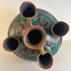 Santa Fe Pottery by Artist Elizabeth McKnitt, Floor Vase with Handle and 5 Openings Sku 033831