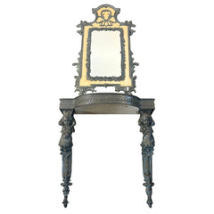 Antique French Renaissance Revival Style Wall Mounted Console Table and Mirror, Verdigris Finished Metal, Table Surface is Faux Stone, Sku 033516