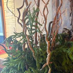 Metal Floor Vase, Antique Brass Finish, Filled with Faux Evergreens and Curly Willow Branches, Sku 033469