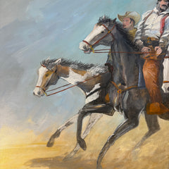 Original Acrylic on Canvas Signed by Artist, Kuhn 1991, Five Cowboys Against Blue Sky Sku: 033451