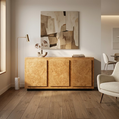 Fine Arts Furniture Co. Burled Wood Credenza, 3 Monolithic Doors, Drawers, Open Storage, Sku 034057