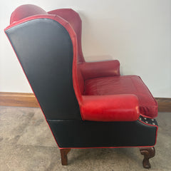 TLSC TEXAS Custom Upholstered Wing Chair and Ottoman Contrasting Red and Black Leather, Sku 033313