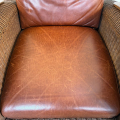 Restoration Hardware Deck Chair and Ottoman Dark Brown Wicker and Wood Arm Rests Cognac Leather Cushions Adjustable Pegs for Desired Reclining Position