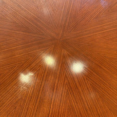 Excelsior Designs Italian Dining Set Consisting of Round Table with 4 Radiant Leaves and 8 Side Chairs. All Constructed in Hard Wood. Chair Upholstery is a Soft Black Textured Fabric. Sku 034039