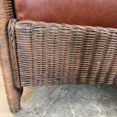 Restoration Hardware Deck Chair and Ottoman Dark Brown Wicker and Wood Arm Rests Cognac Leather Cushions Adjustable Pegs for Desired Reclining Position