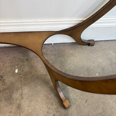Thomasville Glass and Steel Demilune Console Table. Base Color is Umber and the Shape Features Swoops and Convex Curves, Sku 034040